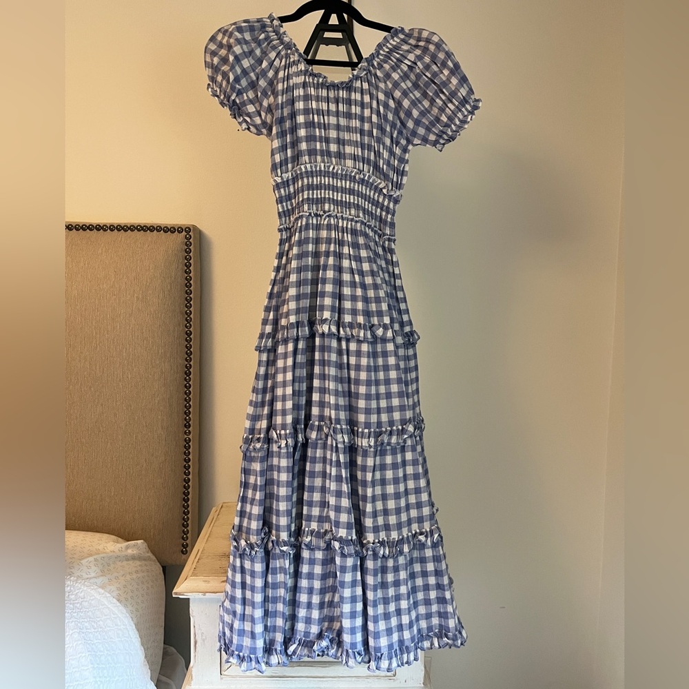 Pink City Prints XS Blue Gingham Off-Shoulder MIDI Dress